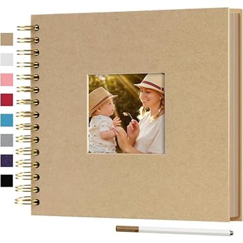 8 x 8 Inch Small DIY Scrapbook Photo Album with Window Design Cover 80 Pages Craft Paper Memory Book for Weeding Family Travel and Baby (Brown)