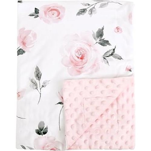 david's kids Minky Baby Blanket for Girls, Soft Lightweight Micro Fleece Blanket with Double Layer, Dotted Backing, Breathable Receiving Blanket for Newborns, 30x40 Inches, Floral Flowers