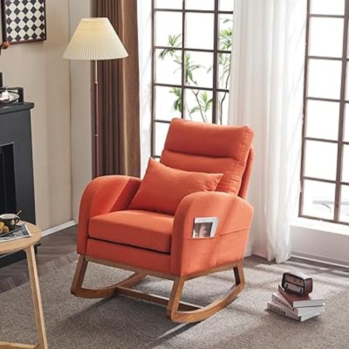 VINGLI Orange Linen Rocking Chair Nursery with Thick Headrest, Upholstered Mid-Century Modern Nursing Rocker Glider with Curved Armrest, Sturdy Solid Wood Base for Living Room, Bedroom, Baby Room
