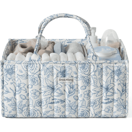 GrowAlong Floral Diaper Caddy Organizer, Cotton Baby Basket, Gift for Baby Shower, Newborn Essentials, Blue Floral