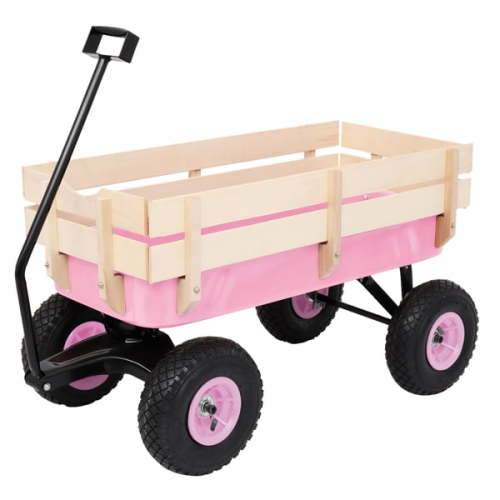 Heavy Duty Steel Wooden Side Support Cargo Wagon with 10" All-Terrain Air Tires, Up to 220lb Load Capacity, for Towing Kids Toys, Gardening Supplies, Pink