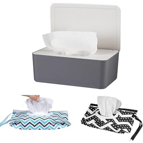 Wipes Dispenser with 2Pcs Portable Refillable Wipe Holder,Reusable Large Wipe Holder Box Flushable Wipes Case Bathroom Wipes Container for Pet Nursery Kitchen Office Counter(Grey-White)