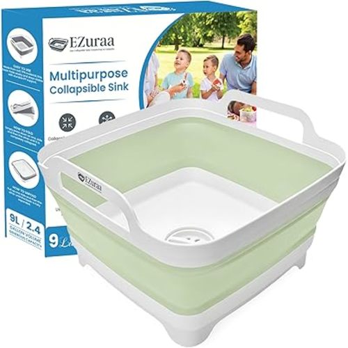 EZuraa 2.4gal(9L) Green Collapsible Dish Basin, Portable Sink or Dish Pan for Kitchen Sink with Drain Plug/Strainer, Space Saving Baby Bottle Wash Basin Collapsible Bucket, Beverage Tub for Camping