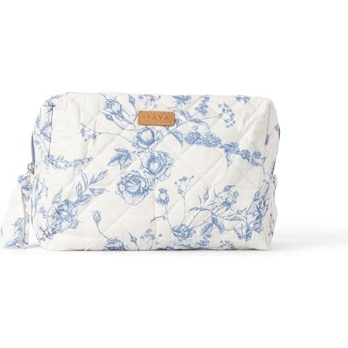 Staya Quilted Makeup Bag for Women – Cotton Travel Cosmetic & Toiletry Pouch, Small Aesthetic Organizer for Purse & Carry-On (Coastal Grandma)