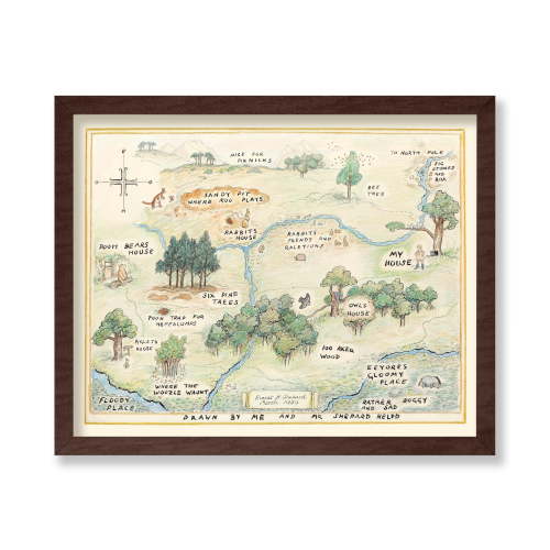 Poster Master Vintage Illustration Poster - Retro Landscape Print - Gift for Baby, Kid - 100 Acre Wood Map, Bear, Pig, Animal, Famous Cartoon - Wall Decor for Bedroom Nursery, 11x14 Brown Framed