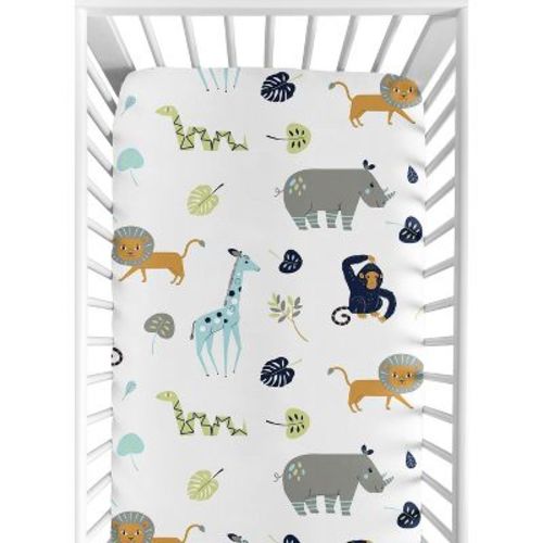 Sweet Jojo Designs Boy Baby Fitted Crib Sheet Mod Jungle Blue Orange And Grey