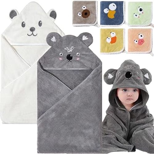 2 Pack Baby Towels with Hood and 5 Baby Washcloths, for Newborn Unisex, 31.5x31.5 in Ultra Absorbent Soft Hooded Bath Towel Set Gift for Boys Girls, Babies, Infant, Toddler, Newborn Essential