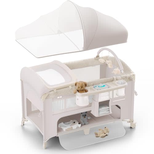 Obee Odee 4 in 1 Baby Bassinet, Pack and Play, Bedside Crib Sleeper, Diaper Changer - Comes with Mattress, Mosquito Net，Bottom Storage and Toy Bar for Newborn to Toddles