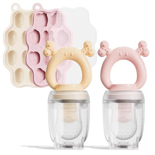 HEOMOONE 2 Pack Baby Fruit Feeder & Mini Freezer Nibble Tray Combo, Breastmilk Popsicle Molds with Baby Food Feeder, BPA Free Silicone for Teething Relief and Safe Infant Feeding (Nude & Pink)