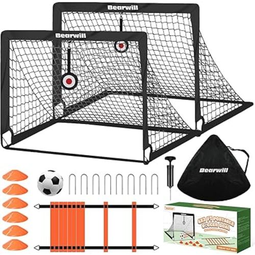 Soccer Goal, Kids Soccer Goals for Backyard Set of 2, 4x3ft Portable Soccer Goal Pop Up Soccer Net, Kids Soccer Net Training Equipment with Soccer Ball, Ladder, Cones, Targets