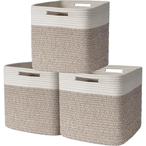 AELS Hand Woven Cotton Baskets for Storage, Cube Storage Bins with Handles, Foldable Collapsible Closet Organizers and Storage, Boho Farmhouse Storage Cubes for Shelves, Beige & Mixed Brown