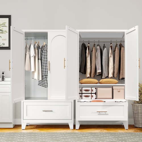 Wardrobe Closet with 2 Doors, 60" Farmhouse Armoire Wardrobe Closet with Hanging Rod, Adjustable Shelves, White Steel Armoire with Drawer for Home, Bedroom