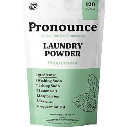 Pronounce Laundry Detergent Powder Alternative | Non-Toxic, Eco-Friendly, Natural for Sensitive Skin, Eczema, and Babies. Stain + Smell Fighting. HE Safe (Peppermint, 120 Loads)