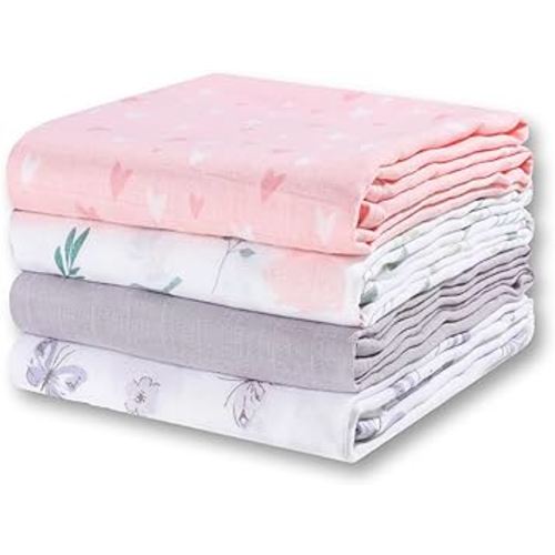 Little Grape Land Muslin Swaddle Blankets, 4 Pack Newborn Receiving Blanket Neutral, Soft Breathable 100% Cotton Muslin Baby Blanket for Boys & Girls, Large 47 x 47 inches - Purple & Pink Set