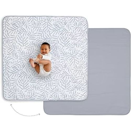 Toddlekind Pretty Practical Mat 100% Organic Cotton 47" x 47”, Reversible, Portable, Travel, Portable, Indoor/Outdoor, for Babies/Toddlers, Sandy Lines-Ocean Leaves-Stone (Grey)