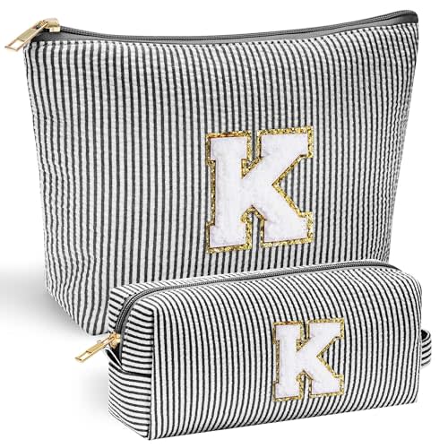 YOOLIFE Gifts for Girls Teen Girls - Christmas Gifts for Girls | Makeup Bag | Personalized Initial Cosmetic Makeup Pouch Travel Bag Teacher Sister Friend Girlfriend Birthday Gifts for Girls Black K