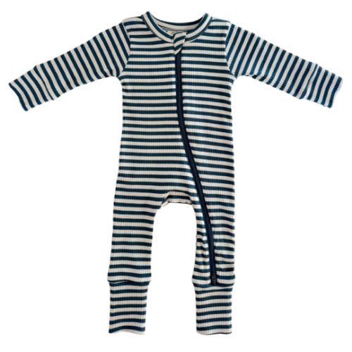 Steel Blue Stripe / Organic Ribbed 2-Way Zip Romper