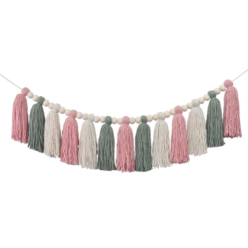 DrCor Boho Pink & Sage Green Tassel Garland - Soft Pastel Wall Hanging for Classroom, Nursery, Kids Room, Baby Shower, Birthday Party, Spring or Back to School Decor