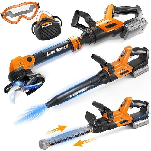 3-IN-1 Kids Garden Tools with Lights and Sounds, Weed Wacker Toy, Leaf Blower Toy, and Hedge Trimmer, Yard Tools Outdoor toys for Boys Pretend Role Play, Christmas Birthday Gifts for Kids 3,4,5,6,7,8+