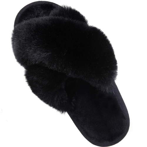Litfun Women's Fuzzy Slippers Plush Cross Band Open Toe House Thick Sole Slippers, Black, Size 5-6.5