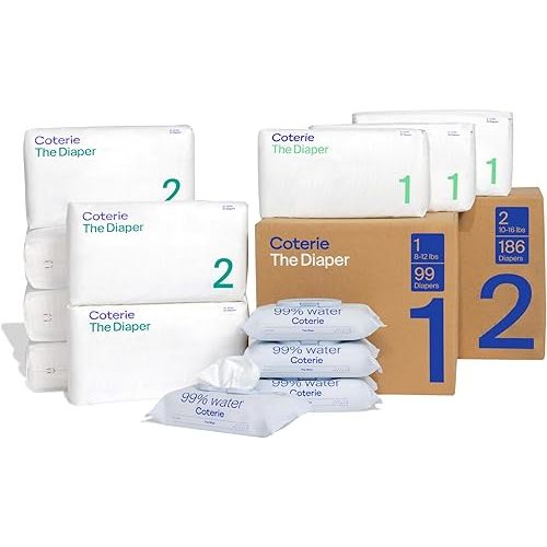 Coterie Baby Diapers + Wipes Baby Kit, Size 1 (99 Count) Size 2 (186 Count) 4 Wipe Packs (224 Wipes) Made with Plant Derived Fibers, Hypoallergenic, Designed for Sensitive Skin, Clean Ingredients