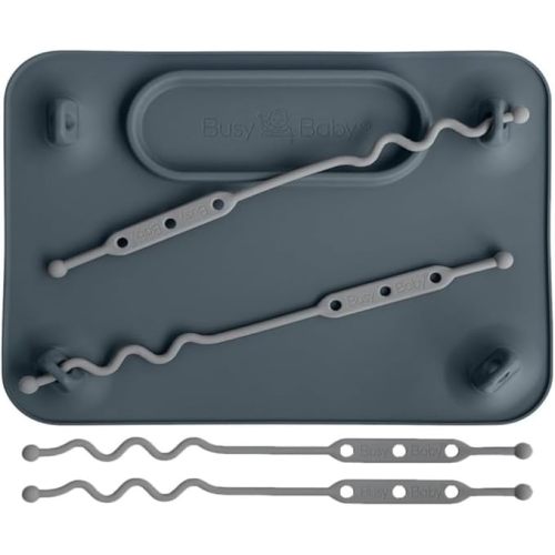 BUSY BABY Silicone Mat - Suction Cups, 4 Straps to Secure Baby Essentials, Self Feeding, Baby Led Weaning, Travel Sleeve Included (Pewter)