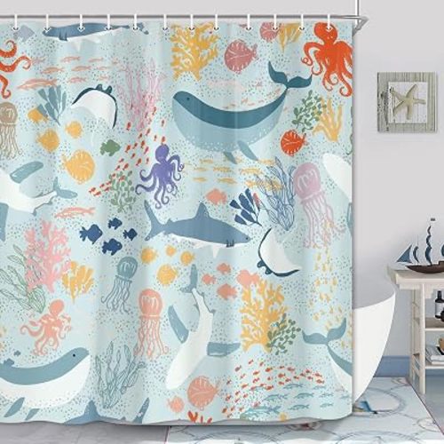 Shark Shower Curtain, Blue Boho Ocean Fish Shower Curtain Abstract Underwater Animal