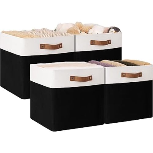 StorageWorks 13x13 Storage Cubes, Collapsible Storage Bins Organizer for Closet, Fabric Storage Box with PU Handles, Black and White, 4-Pack