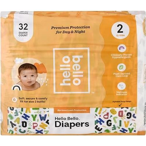 Hello Bello Premium Baby Diapers Size 2, 32 Count of, Extra-Absorbent, and Hypoallergenic Baby Diapers with Snug and Comfort Fit, Alphabet Soup