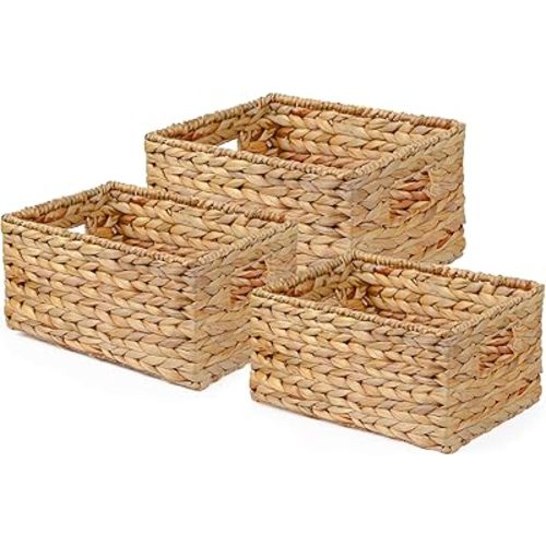 3PCS Wicker Storage Basket, Hyacinth Storage Baskets for Organizing, Large Wicker Baskets for Storage, Woven Basket for Bedroom, Living Room(Large+Medium+Small)