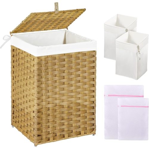 GREENSTELL Laundry Hamper with Lid, 60L Clothes Hamper with 2 Removable Liner Bags & 2 Mesh Laundry Bags, Handwoven Synthetic Rattan Laundry Basket for Clothes, Toys in Bathroom, Bedroom Natural