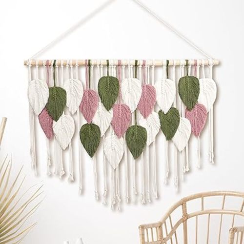 WOODSTICK Large Macrame Wall Hanging - Boho Wall Decor in Beige, Old Pink & Green - Chic Woven Leaf Leaves Bohemian Hangings, Handmade Cotton Fiber Art, Macrame Wall Décor, Bedroom Tapestry (39"W x 29.5"L)