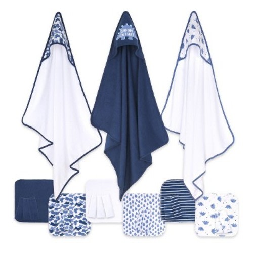 The Peanutshell 3pk Baby Hooded Bath Towels and 20pk Washcloths Bath Set, 23-Piece, Blue Dino