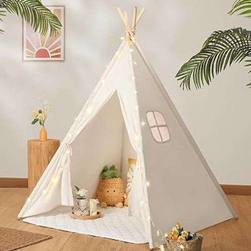 Sumbababy Teepee Tent for Kids with Carry Case, Natural Canvas Teepee Play Tent, Toys for Girls/Boys Indoor & Outdoor Playing (White Teepee Tent)