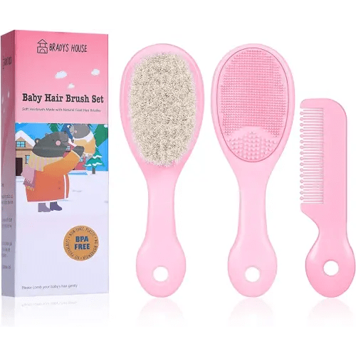 3 Piece Baby Hair Brush and Comb Set for Newborns and Toddlers (Pink)