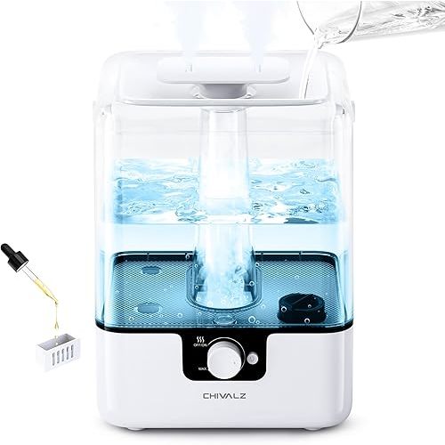 6L Humidifiers for Bedroom Large Room Home, CHIVALZ Cool Mist Top Fill Humidifiers for Baby Nursery and Plants, 26dB Quiet, Nightlight, Up to 50 Hours, Oil Diffuser 1 Pack + 2 Mist Outlets White