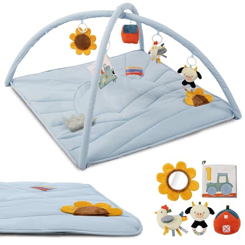 Beautiful Baby Play Gym and Tummy Time Mat - Soft Mat with 5 Farm Toys Creates The Perfect Activity Area for Your Girl/Boy - Stylish Infant Floor Playmat Fits Nicely with Any Playroom Decor