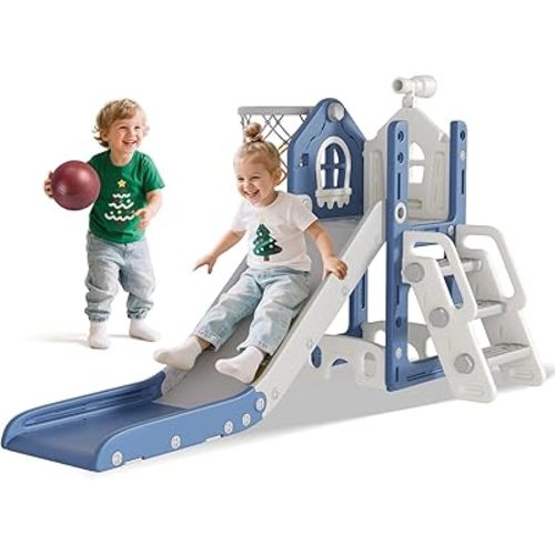 BIERUM 6 in 1 Toddler Slide - L-Shaped Baby Slide for Toddlers Aged 1-3 with Basketball Hoop, Telescope Toy and Anti-Slip Pads, Indoor Outdoor Toddler Playset, Blue Gray