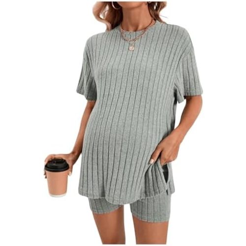 Women's Maternity Pajamas Set 2 Piece Outfits Rib Knit T Shirt and Biker Shorts Lounge Set Sleepwear