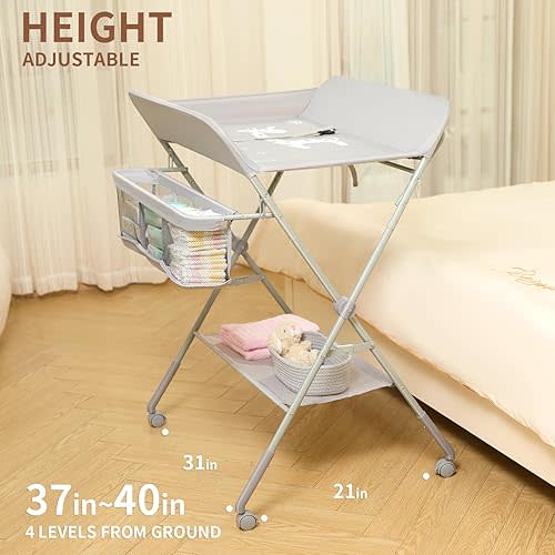 KARAOK Baby Changing Table with Wheels, Portable Diaper Changing Station with 4-Level Height Adjustment & Storage Rack for Newborn, Infant(Light Grey)