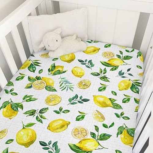 Watercolor Fresh Lemons Baby Crib Sheet 52''x28'' Summer Lemon Green Leaves Stretchy Fitted Crib Mattress Cover for Boy Girl Tropical Fruit Soft Nursery Bed Sheet for Standard Crib Toddler Mattress