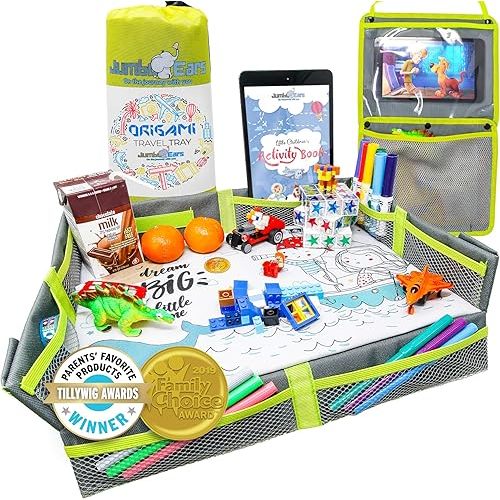 Origami Kids Travel Tray Placemat Cover -Gray- Foldable and Easy to Setup with Bonus Portable Multipurpose Side Pockets Organizer for Tablets and Phones Activities or Snacks for Toddler