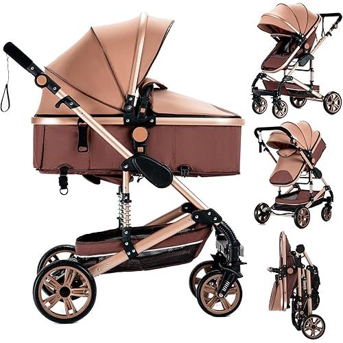 2 in 1 Baby Stroller with Bassinet Convertible Reversible Standard Baby Pram Portable Pushchair Infant Buggy Baby Carriage Foldable High Landscape Pram for Toddler Newborn (2USXR001-BEIGE)