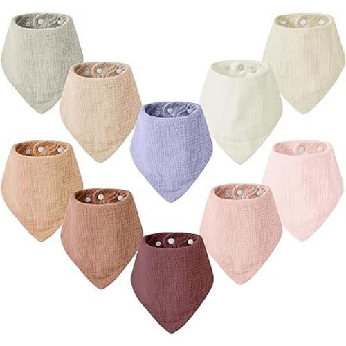 JELLYMONI Muslin Baby Bibs 10 Pack Drool Bibs for Unisex Baby, Soft Absorbent Bandana Bibs Adjustable Snaps Solid Colors Teething Bibs for Newborn Girls & Boys