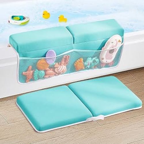 ILPEOD Baby Bath Kneeler and Elbow Rest Pad Set,Bath Kneeling Pad Thick Soft Quick Dry Bathtub Mat for Bathing Time,Baby Essentials Memory Foam with Toys Organizer Gifts for Parents,Green