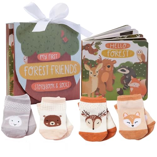 Tickle & Main Woodland Forest Friends, 5-Piece Gift Set for Infants 0-12 Months, Includes Storybook and 4 Pairs of Animal Socks