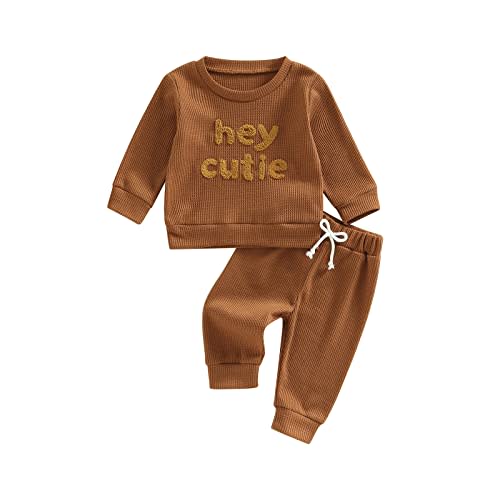 Toddler Baby Girl Boy Fall Winter Waffle Outfit Set Letter Printed Long Sleeve Sweatshirt Tops + Pants