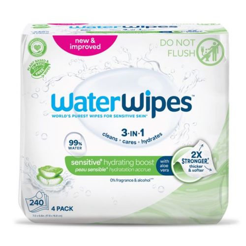 WaterWipes Sensitive+ Hydrating Boost Wipes, 3-In-1 Cleans, 99% Water with Aloe Vera, Unscented & Hypoallergenic Baby Wipes - 240ct
