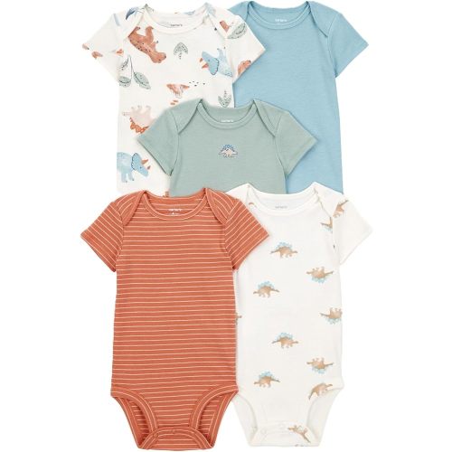 Carter's Baby Boys 5pk Short Sleeve Bodysuits, Dinosaur/Stripe/Multi, 9m