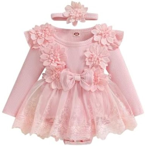 ZAXARRA Infant Baby Girl Romper Dress Baby Dress Romper Flowers Lace Fall Winter Clothes with Headband